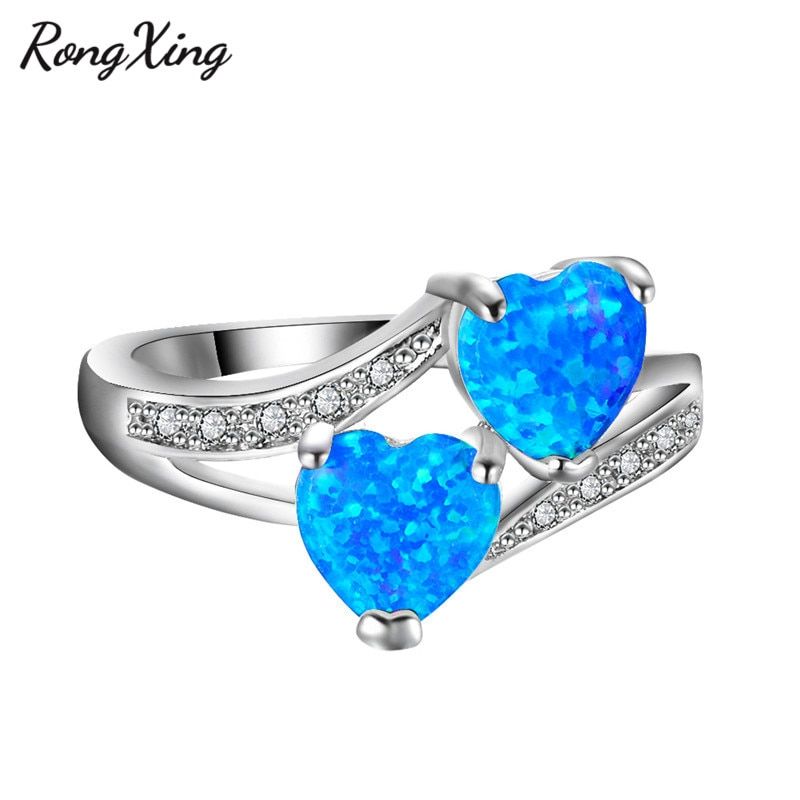 RongXing Double Heart Crystal Ring Multicolor Birthstone Rings for Women Silver Color Opal Stone Ring Valentine's Day Gift