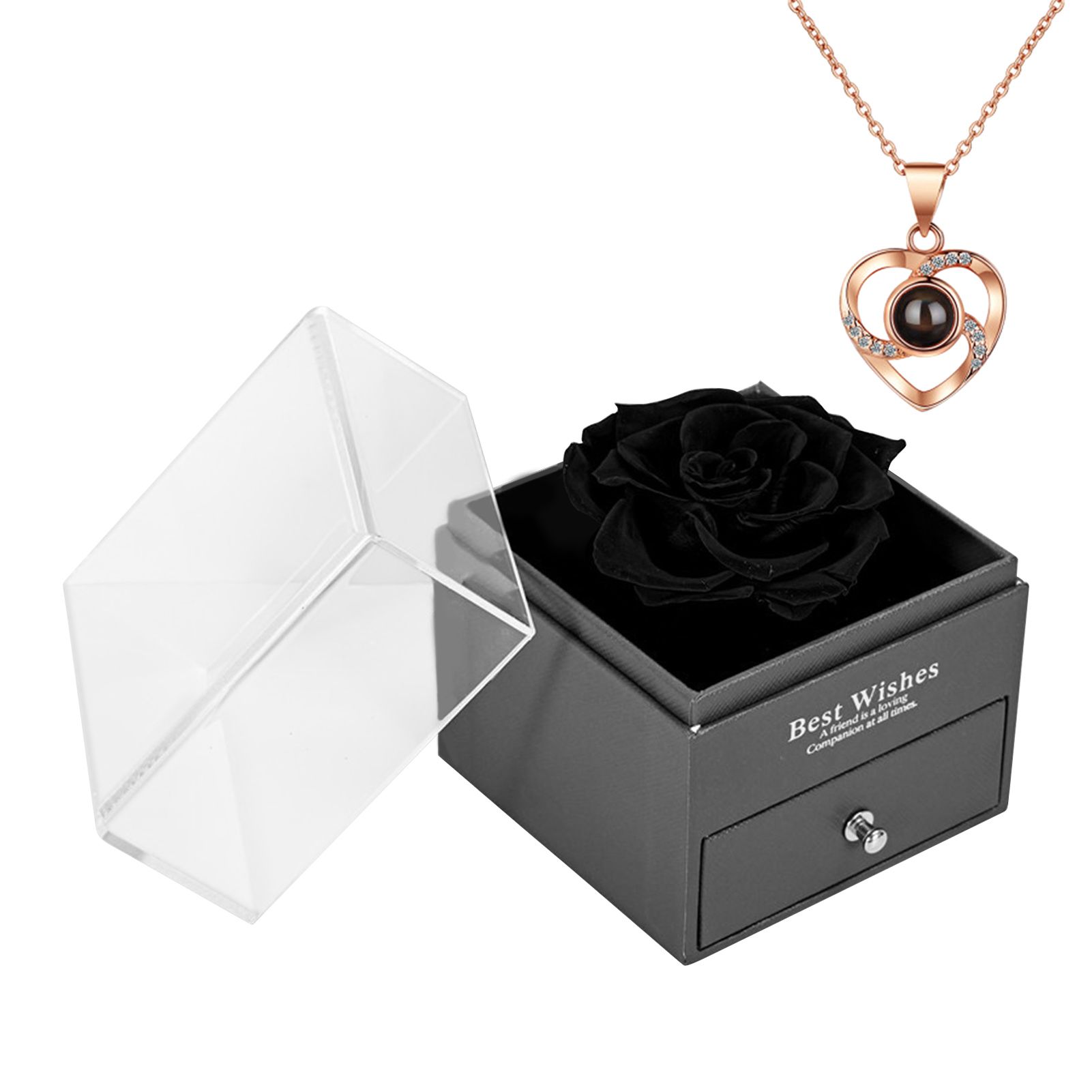Chain Necklace Romantic Hollow Out O Chain Preserved Rose Heart Necklace Gift Box for Valentine's Day