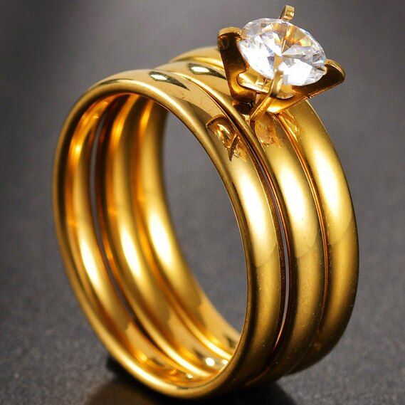 2Pcs/Lot GoldColor Double Rings Set Engagement Woman Cubic Zirconia Ring For Women Ladies Lover Party Wedding Jewelry