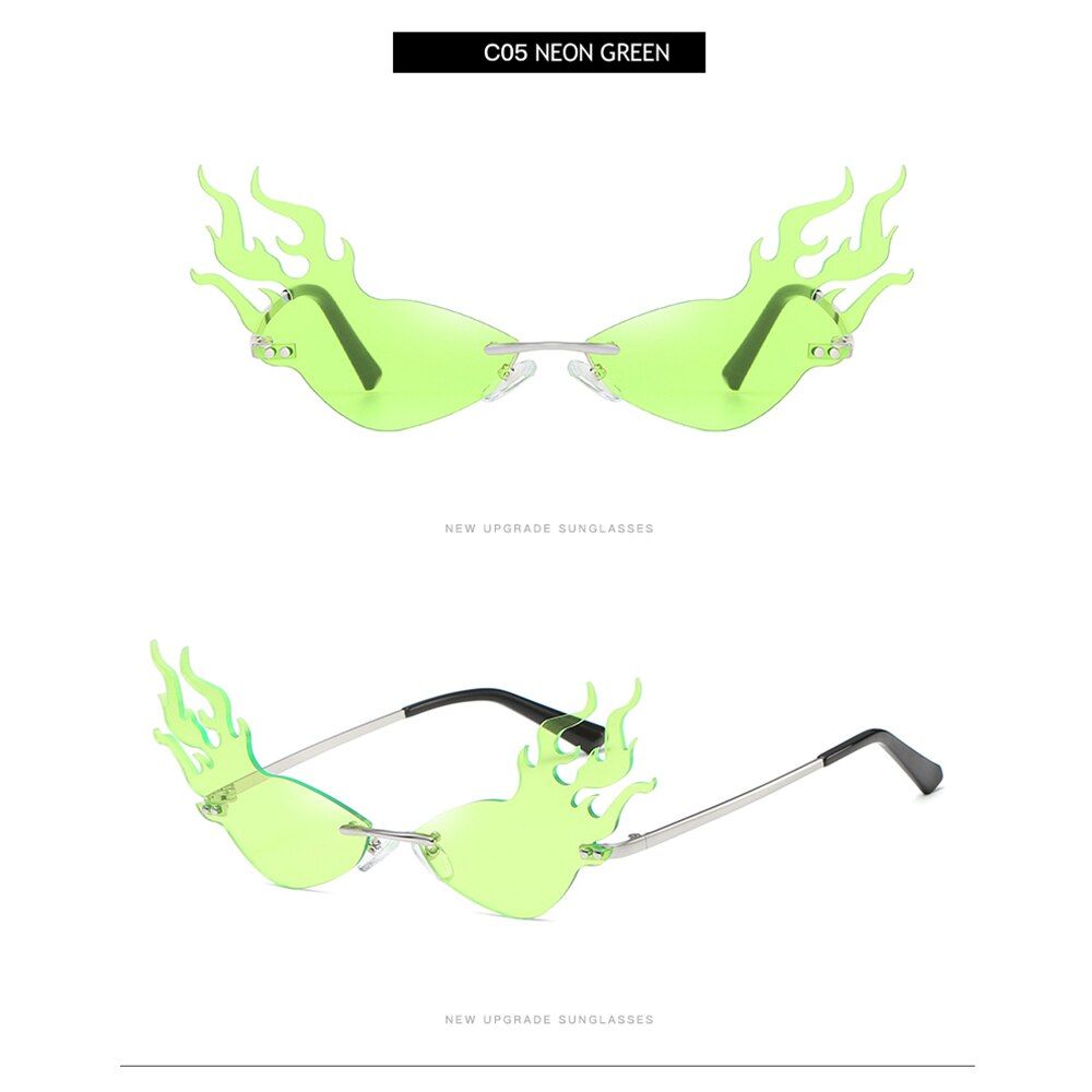 Style 2- Neon greenFashion Fire Flame Sunglasses for Women Men Rimless Wave Sun Glasses UV 400 Eyewear Luxury Trending Narrow Sunglasses Streetwear