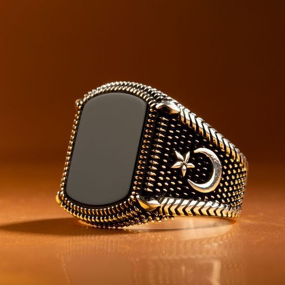 KAR 925K Stamped Sterling Silver Black Onyx w/ 36 Cubic Zircone Stone Men's Ring K7A