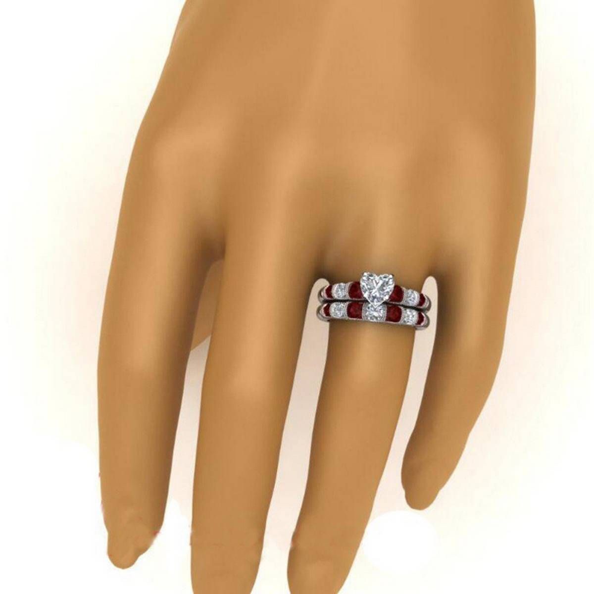 2Pcs/Set Retro Women Faux Ruby Heart Rhinestone Inlaid Finger Ring Jewelry Gift