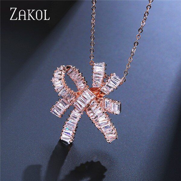 ZAKOL Exquisite Baguette Cubic Zirconia Knot Pendant Necklace For Elegant Women Luxury Bridal Wedding Jewelry FSNP025