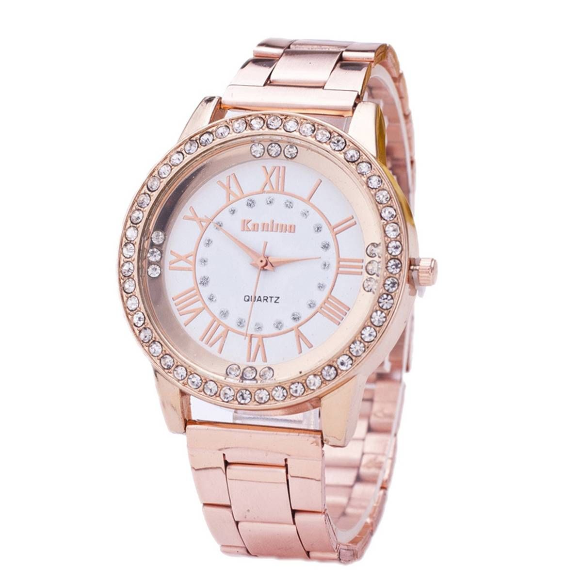 Women Roman Numerals Rhinestone Index Alloy Band Round Dial Quartz Wrist Watch