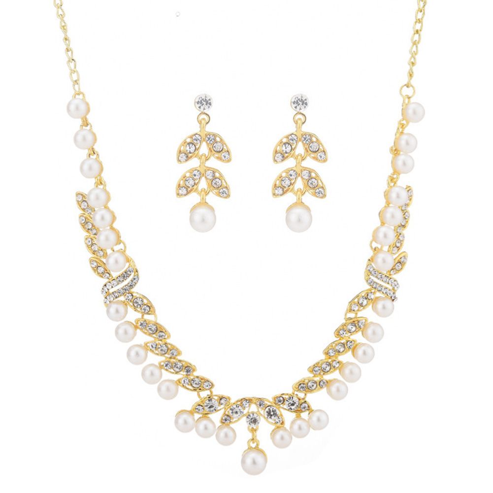 Faux Pearl Rhinestone Leaf Dangle Earrings Necklace Bridal Wedding Jewelry Set