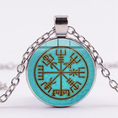 SIAN Vintage Viking Compass Necklace Trinity Symbol of Power Norse Runes Art Pattern Glass Pendant Necklace Men Vikinger Amulet