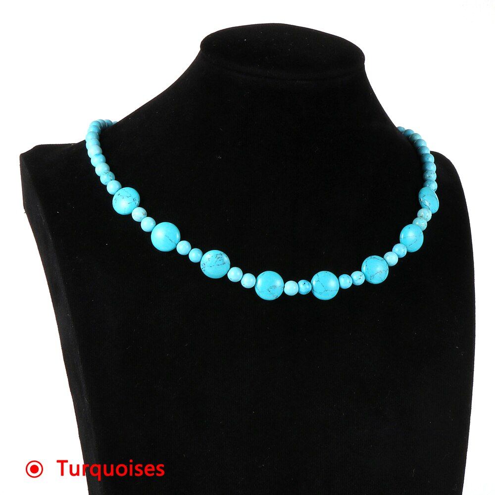 Women Natural Stone India Onyx Crystal Turquoises Round Beads Necklace Alloy Magnetic Buckle Choker Clavicle Chain Party Jewelry