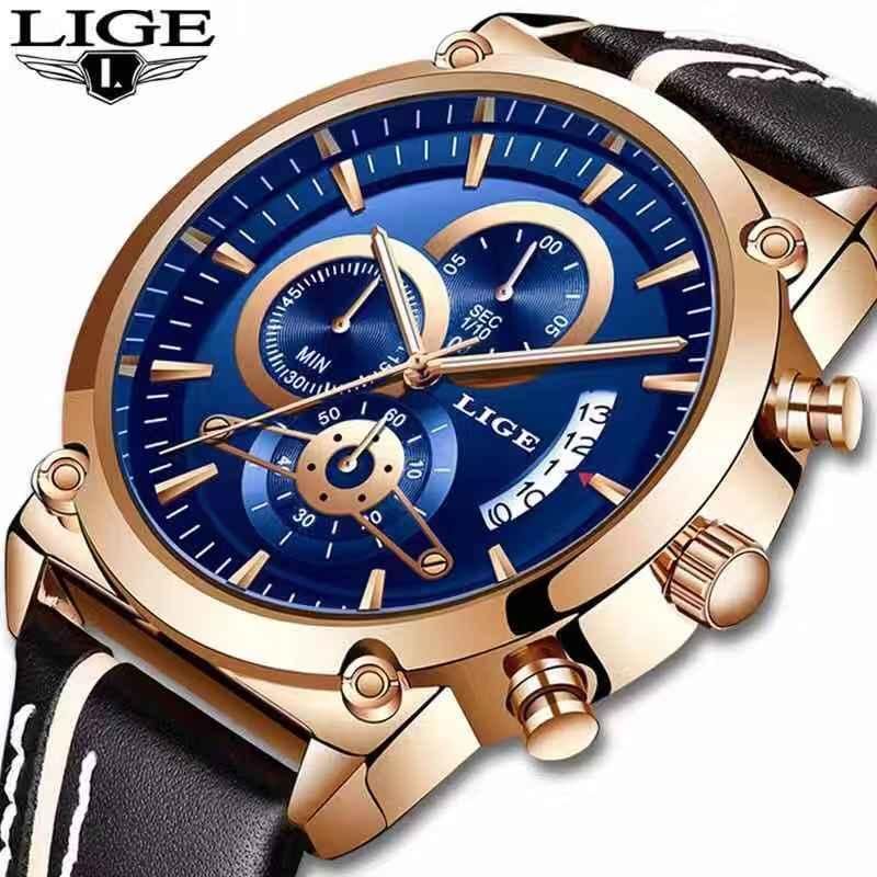 LIGE New Men's Watch Chronograph Analog Quartz Watch Date Creative Dial Blue