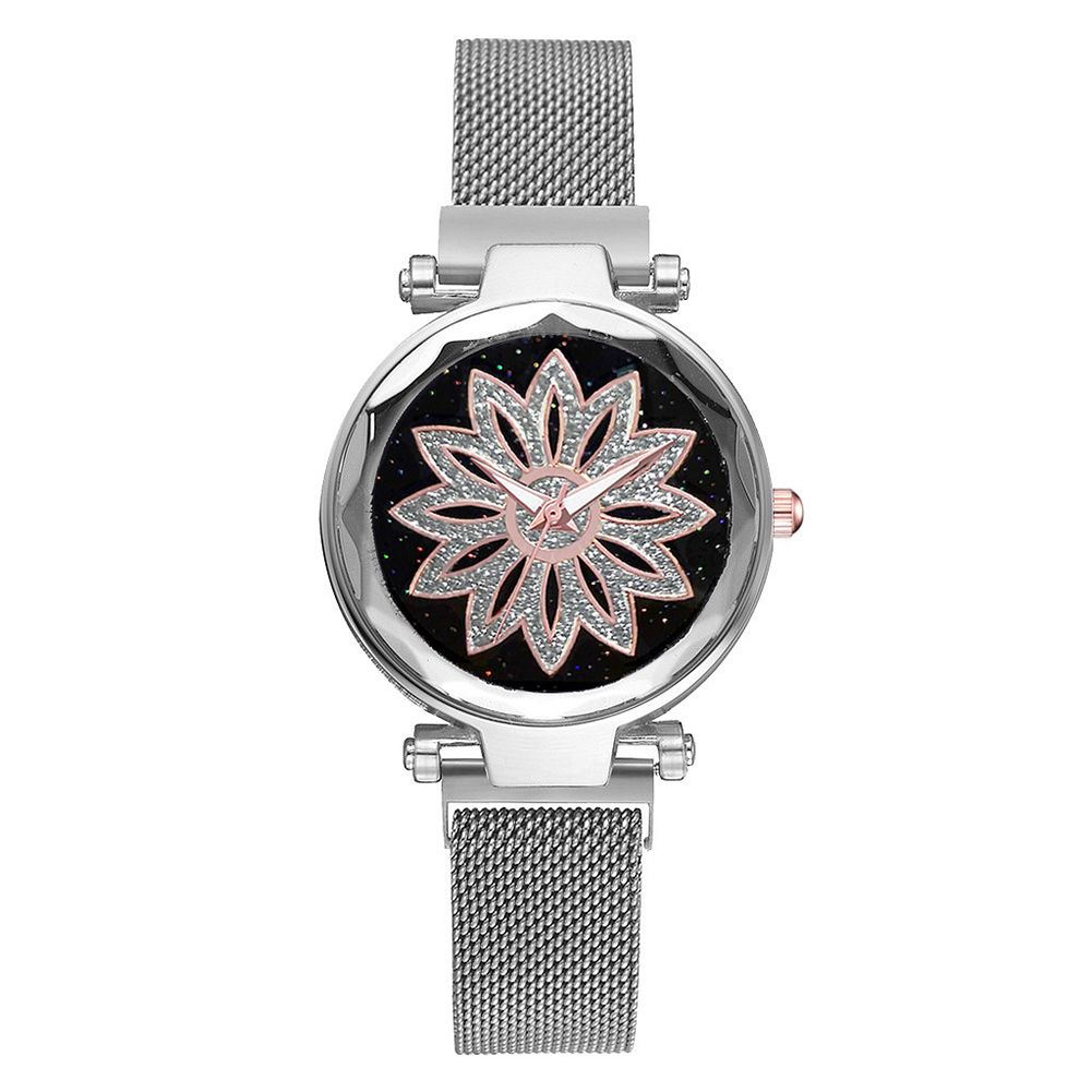 Women Star Flower Rhinestone Round Dial Magnet Quartz Wrist Watch Bracelet Gift