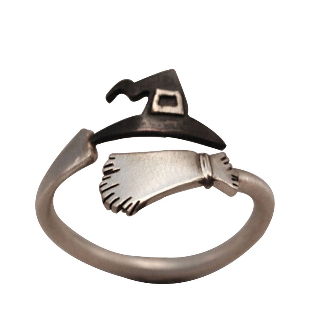 Cute Women Halloween Witch Hat Broom Open Finger Ring Adjustable Jewelry Gift