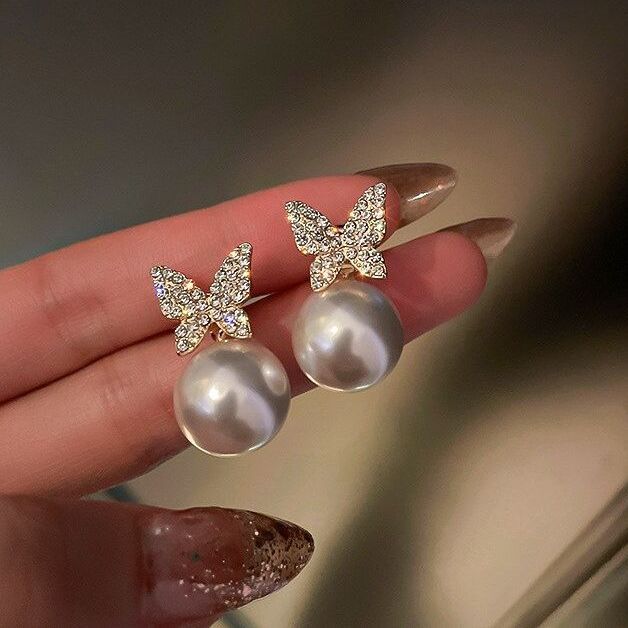 Korean Fashion Earrings Simple Temperament Butterfly Pearl Stud Earring for Women New Collection - Earrings for Girls Stylish Simple Top