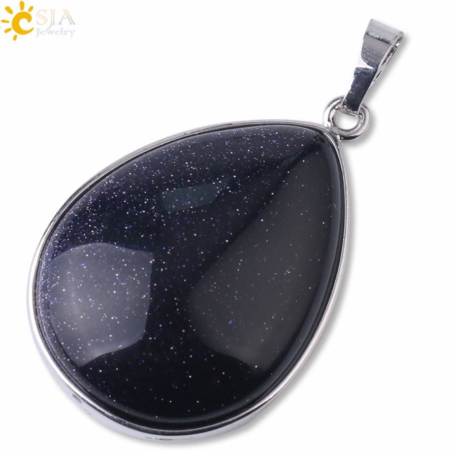 CSJA Natural Stone Pendants Tiger Eye Pink Quartz Purple Crystal Lapis Necklace Water Drop Flat Bead Women Healing Jewelry F982
