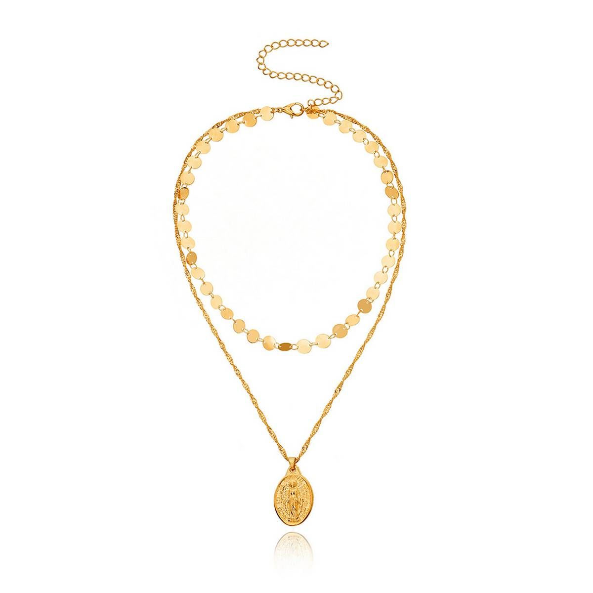 Women Stylish Double Layer Engraved Round Pendant Adjustable Chain Necklace