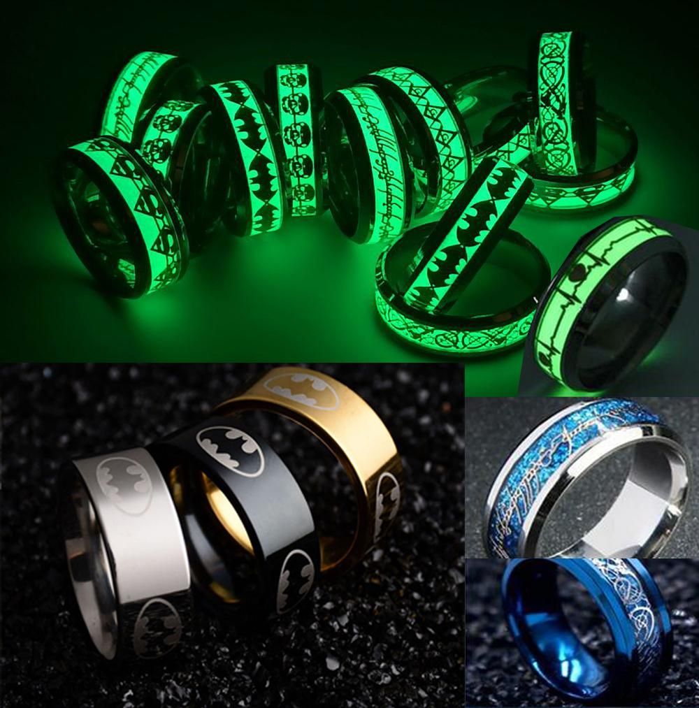 Luminous Superman Batman Black Dragon Carbon Fiber Men Ring Stainless Steel for Men Women