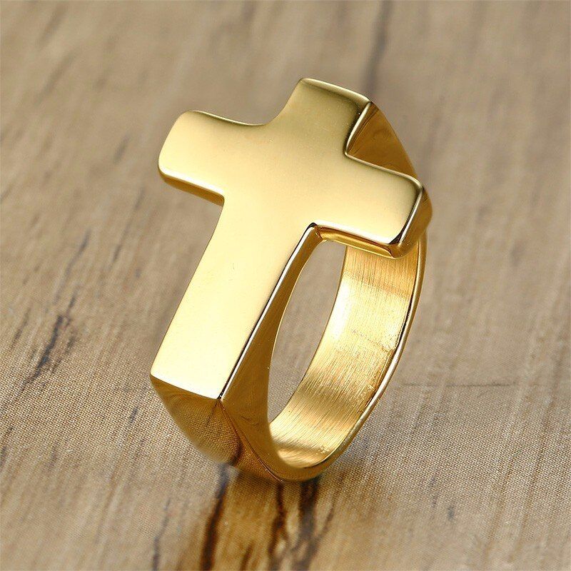 Vnox Unique Cross Flat Top Ring For Men Glossy Stainless Steel Christ Jesus Prayer Faith Anel Fraternal Rings