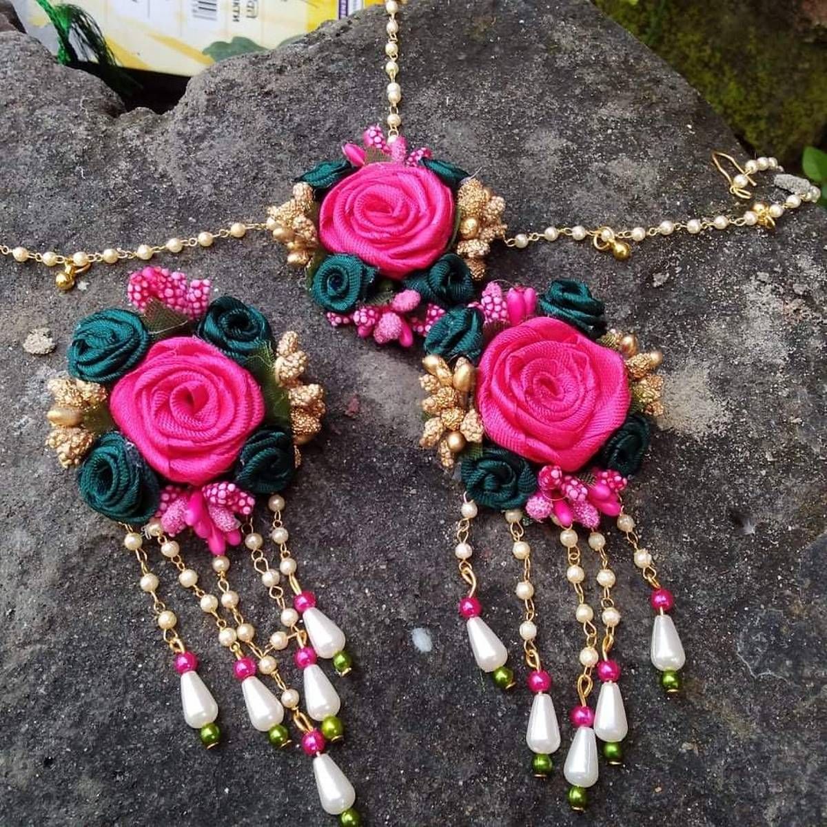 Artificial Flower Jewellery 2 Set Earrings,& tikli Bridal/Holud/Boishakh Fashion For Women