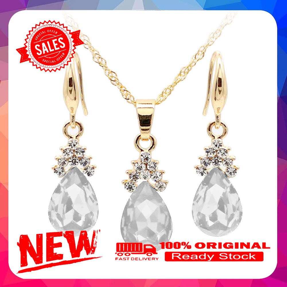 Vintage Teardrop Rhinestone Women Jewelry Set Necklace Hook Earrings Pendants