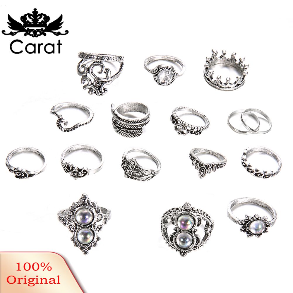 16Pcs/Set Retro Boho Hamsa Hand Crown Fingerdi Knuckle Stking Rings Jewelry