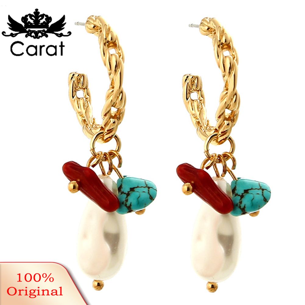 Women Personalized C-shaped Metal Natural Stone Faux Pearl Earrings Jewelry Gift