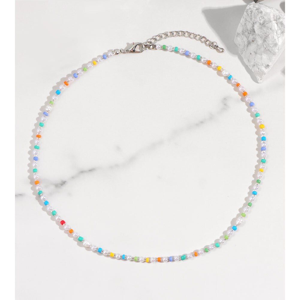 Boho Smile Face Pearl Beaded Necklace For Women Colorful Heart Bead Handmade Necklaces Imitation Pearls Choker Sweet Jewelry New