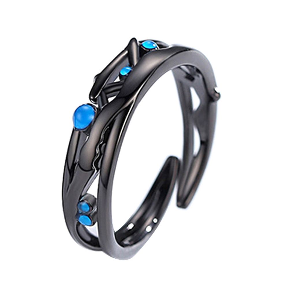 Faux Sapphire Hollow Leaf Opening Finger Ring Adjustable Couple Jewelry Gift
