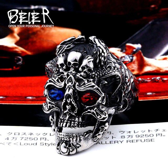 Beier new store 316L Stainless Steel Three Skulls Halloween Party Men's Rings Cool Punk bike High Quality Jewelry LLBR8-526R