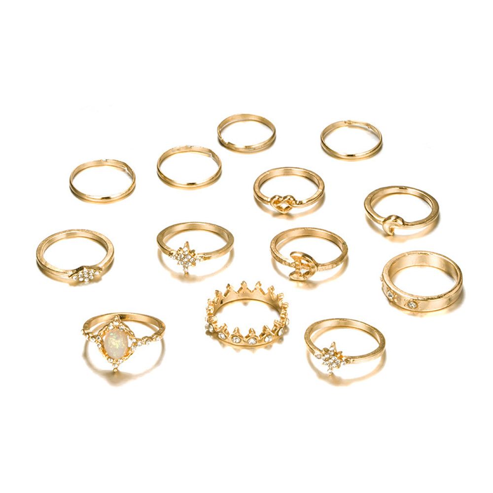 13Pcs/Set Women Vintage Crown Diamond Star Moon Shape Finger Rings Fashion Jewelry
