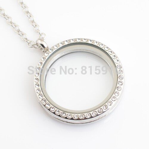 30mm floating locket, round silver with rhinestones FN0005(with chains)