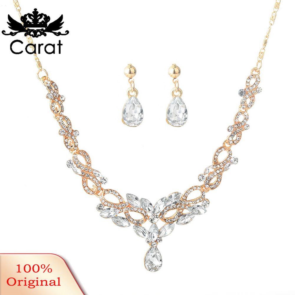 Carat Fashion Jewelry Set Women Rhinestone Drop Hollow 8 Pendant Earrings Necklace