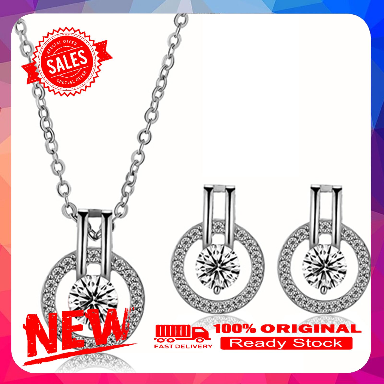 Women's Zircon Round Pendent Choker Chain Necklace Earrings Wedding Jewelry Set