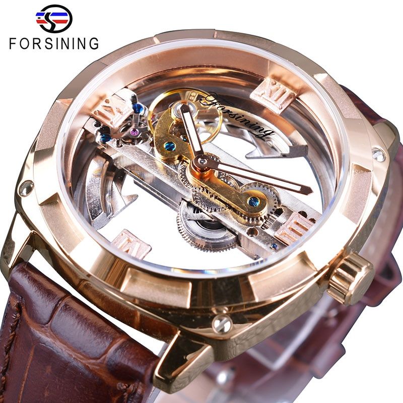 Forsining Official Exclusive Sale Double Side Transparent Mens Steampunk Leather Top Brand Luxury Automatic Sport Watch