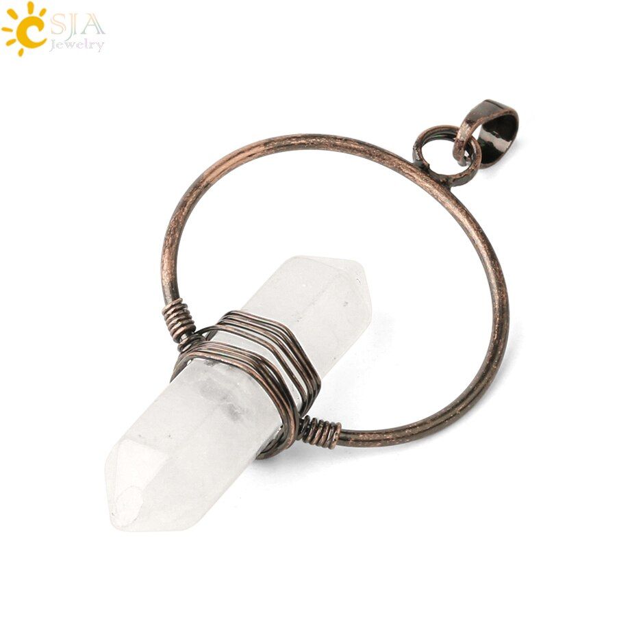 CSJA Natural Stone Healing Pointed Pendant Necklaces Hexagonal Column Circle Winding Wire Bullet Crystal Women Yoga Jewelry G376