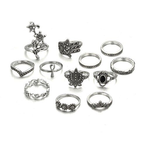 Tocona 12pcs/Set Vintage Antique Silver Color Rose Sunflower Crown Finger Midi Knuckle Rings Set for Women Bohemia Jewelry 6394