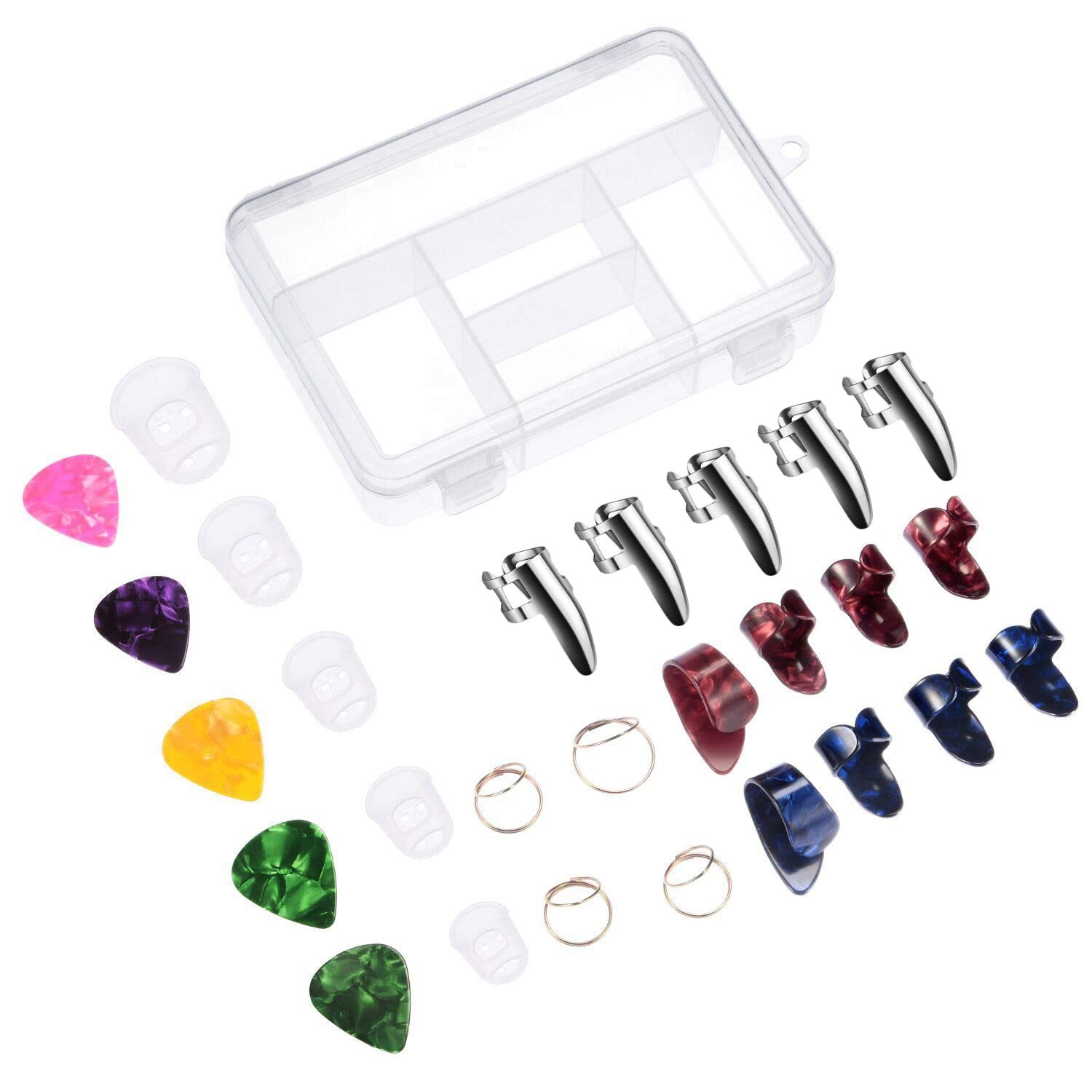 Durable Guitar Accessories Kit Including 18 Pieces Thumb and Finger Picks (3 Types),5 Pieces Clear Finger Protectors and 5 Pieces Standard Guitar Picks