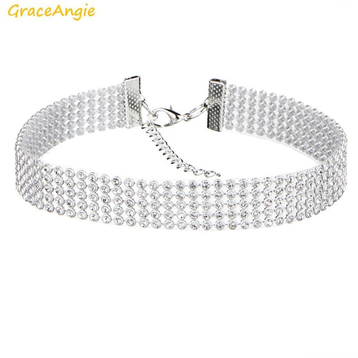 GraceAngie 1pc Shiny Rhinestone Transparent Colorful Optional Silver Color Alloy Chain Choker Necklace Party Accessories