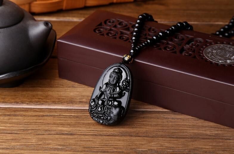 Natural Black Obsidian Carved Buddha Lucky Amulet Pendant Necklace For Women Men pendants Fashion Jewelry 48*32mm