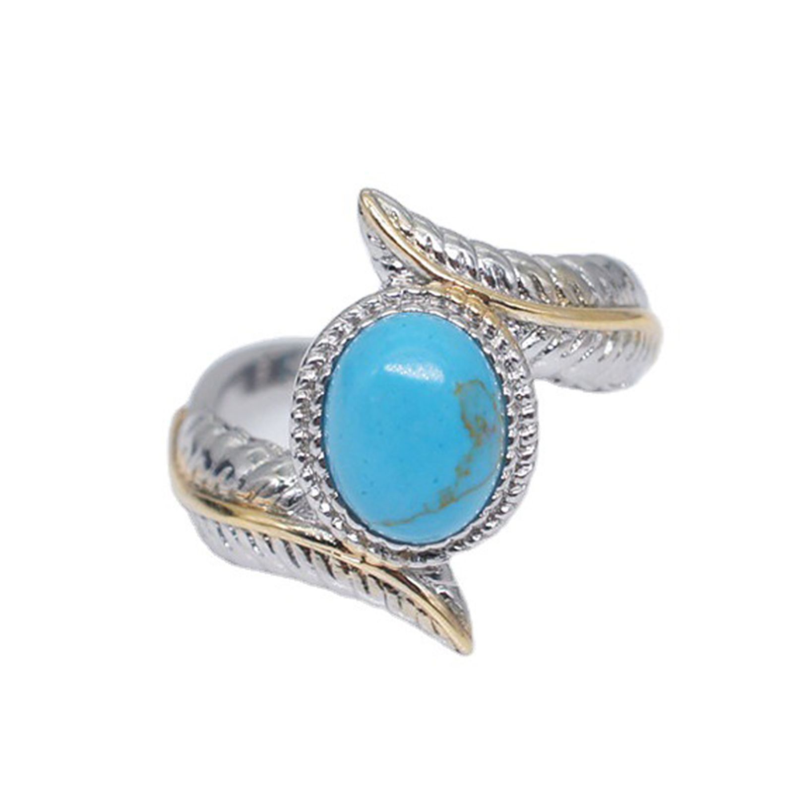 Vintage Jewelry Alloy Feather Turquoises Ring Wedding Finger Circle Couple Gift