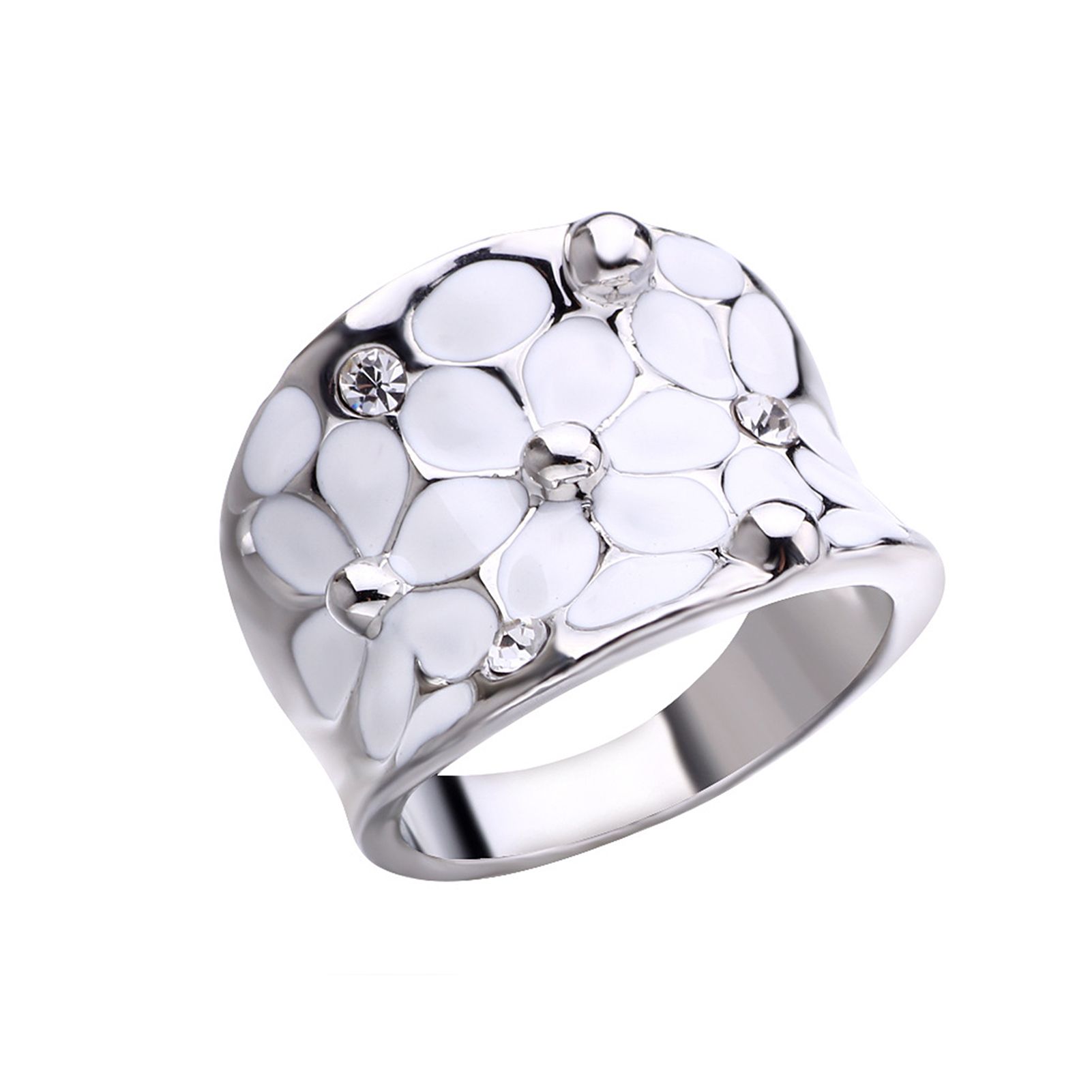 Ladies Ring Flower Pattern Finger Decoration White Wedding Band Ring for New Year Gift