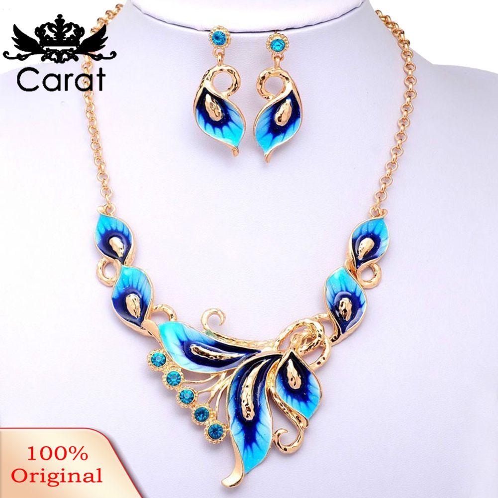 Carat Women Enamel Flower Charm Rhinestone Stud Earrings Chain Necklace Jewelry Set