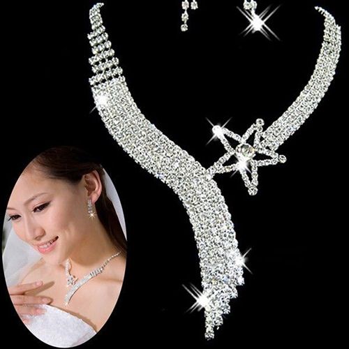 Women Fashion Wedding Party Bridal Jewelry Rhinestone Tassel Necklace Earrings