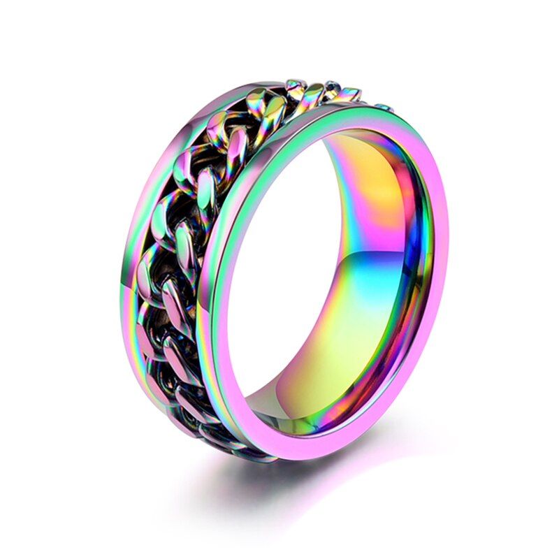 Multicolor Rainbow Ring for Women and Men Stainless Steel Chian Ring Rotatable Spinner Ring