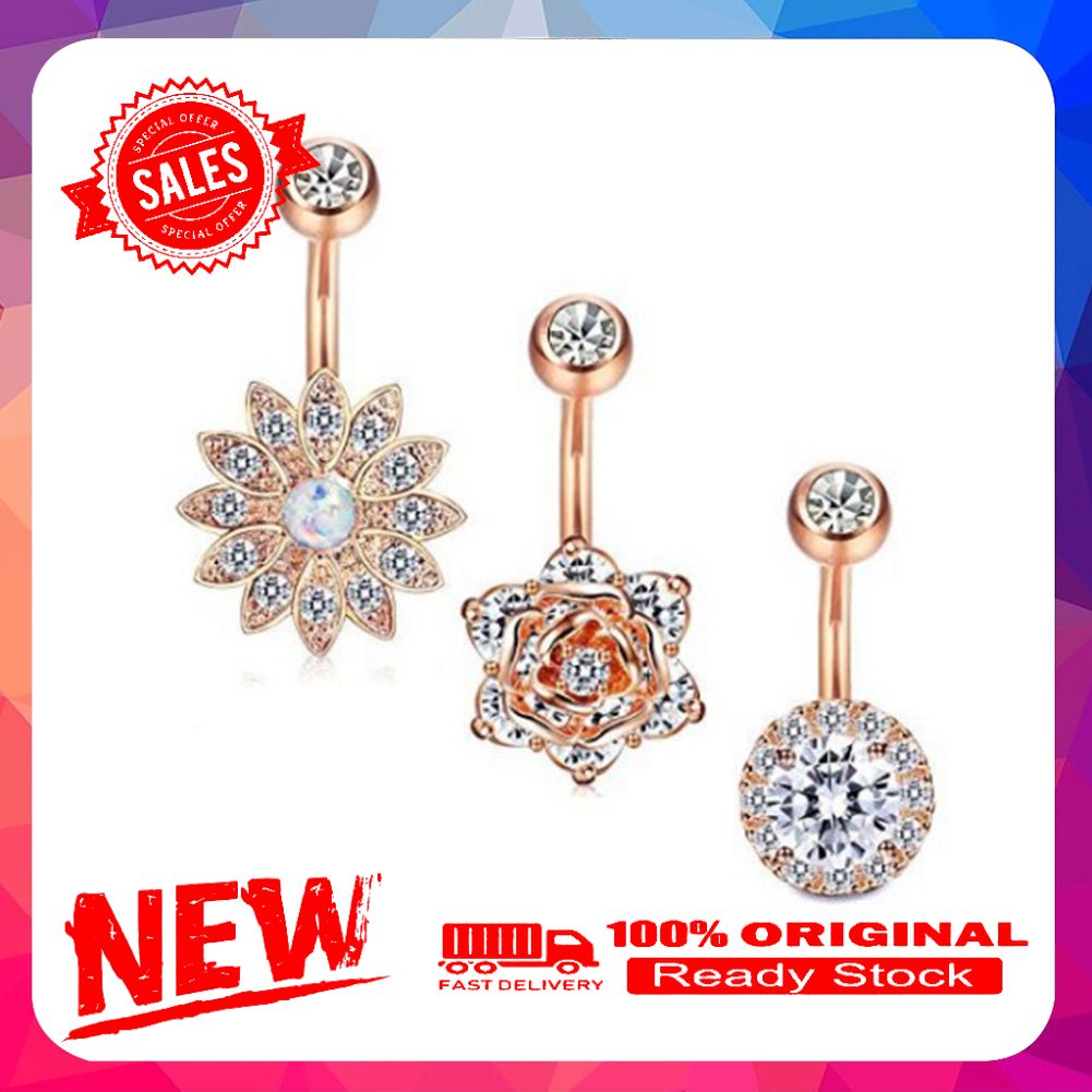 3Pcs Fashion Women Rhinestone Flower Belly Rings Set Navel Bar Body Piercing