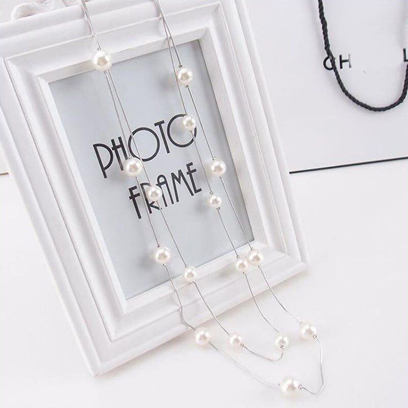 Long double layer Simulated Pearl Necklace Women Sweater Chain Necklace female Collares Statement Jewlery 2019
