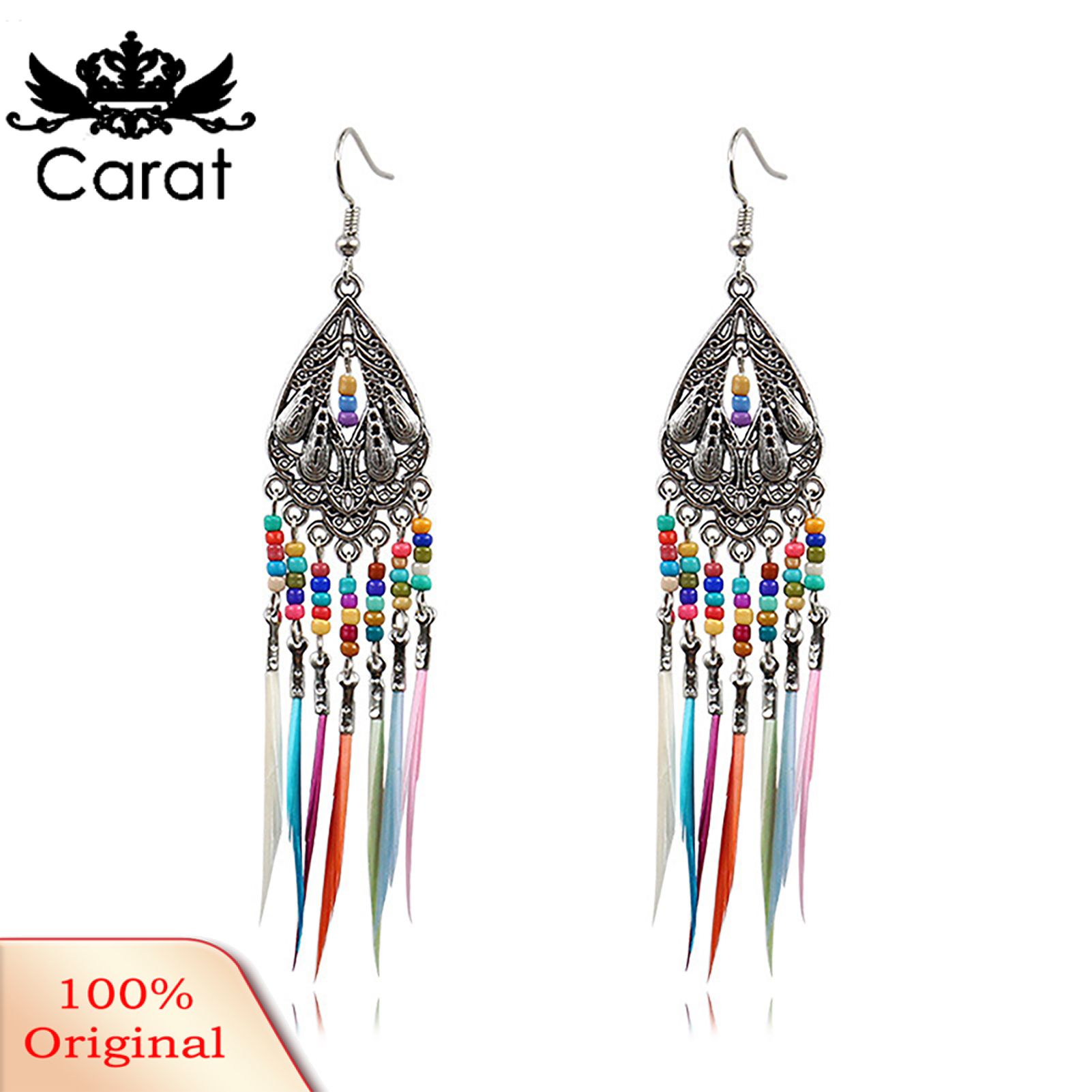 Carat Earrings Retro Romantic Resin Beads Bohemian Feather Tassel Fringe Earrings for Women