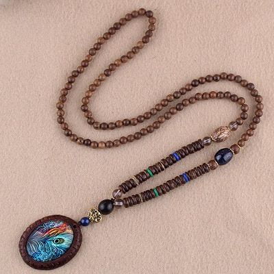 Trendy Ethnic Wenge Wood Beads Necklaces Natural Stone Gourd Abacus Pendant Long Sweater Necklace For Women Men Jewelry
