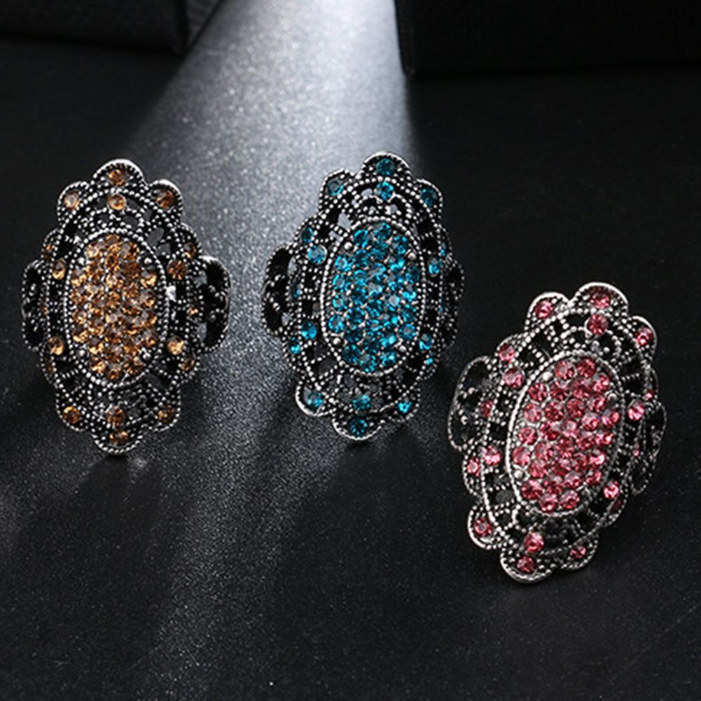 Vintage Women Party Jewelry Oval Shape Hollow Rhinestones Finger Ring Gifts