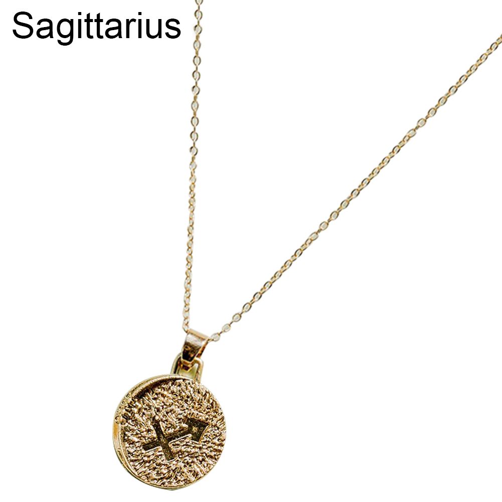 Vintage Unisex 12 Constellation Zodiac Embossed Pendant Chain Necklace Jewelry