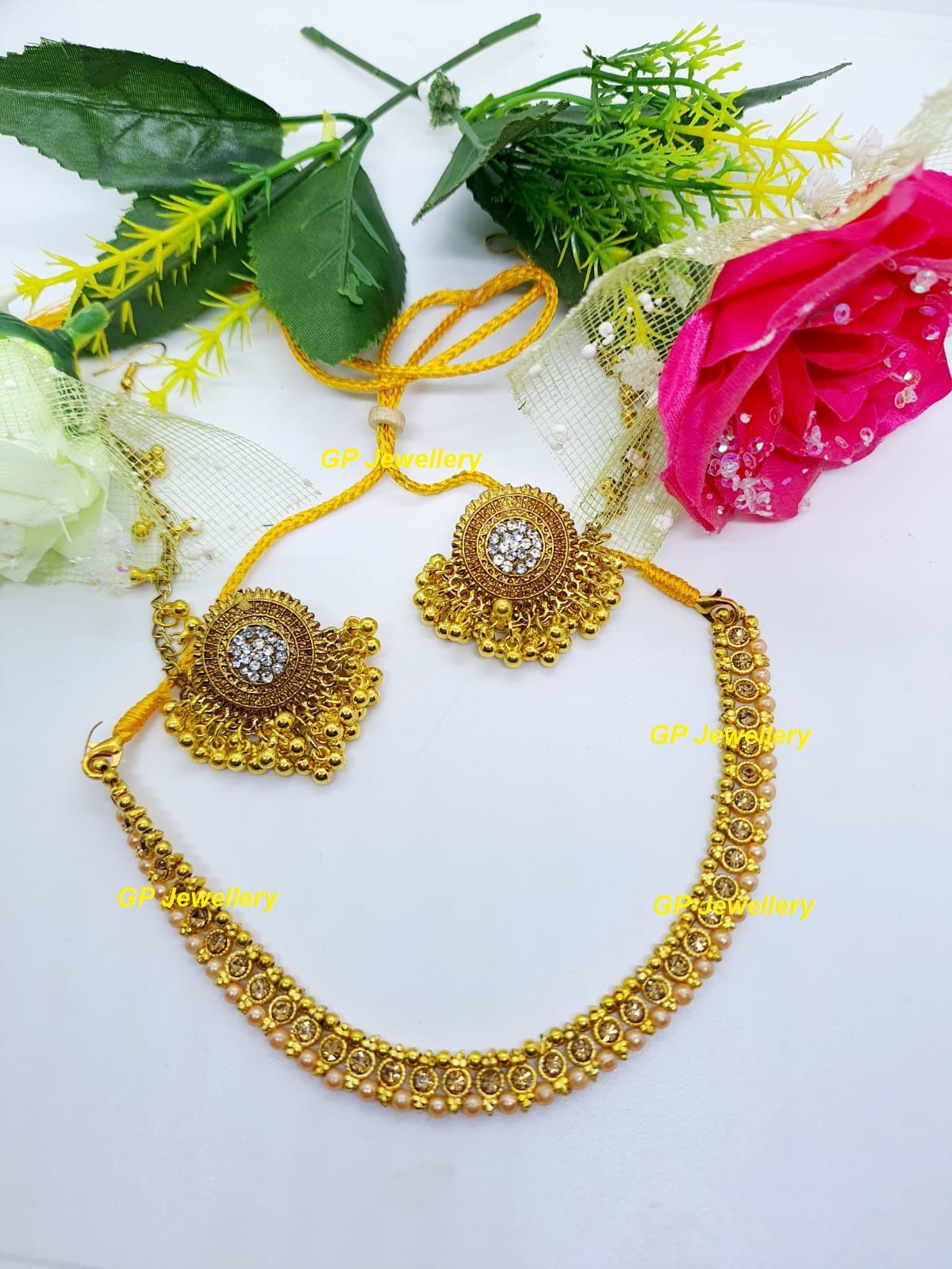 Bahubali Pearl Zircon Kundan Earring With Chain & necklace For Women