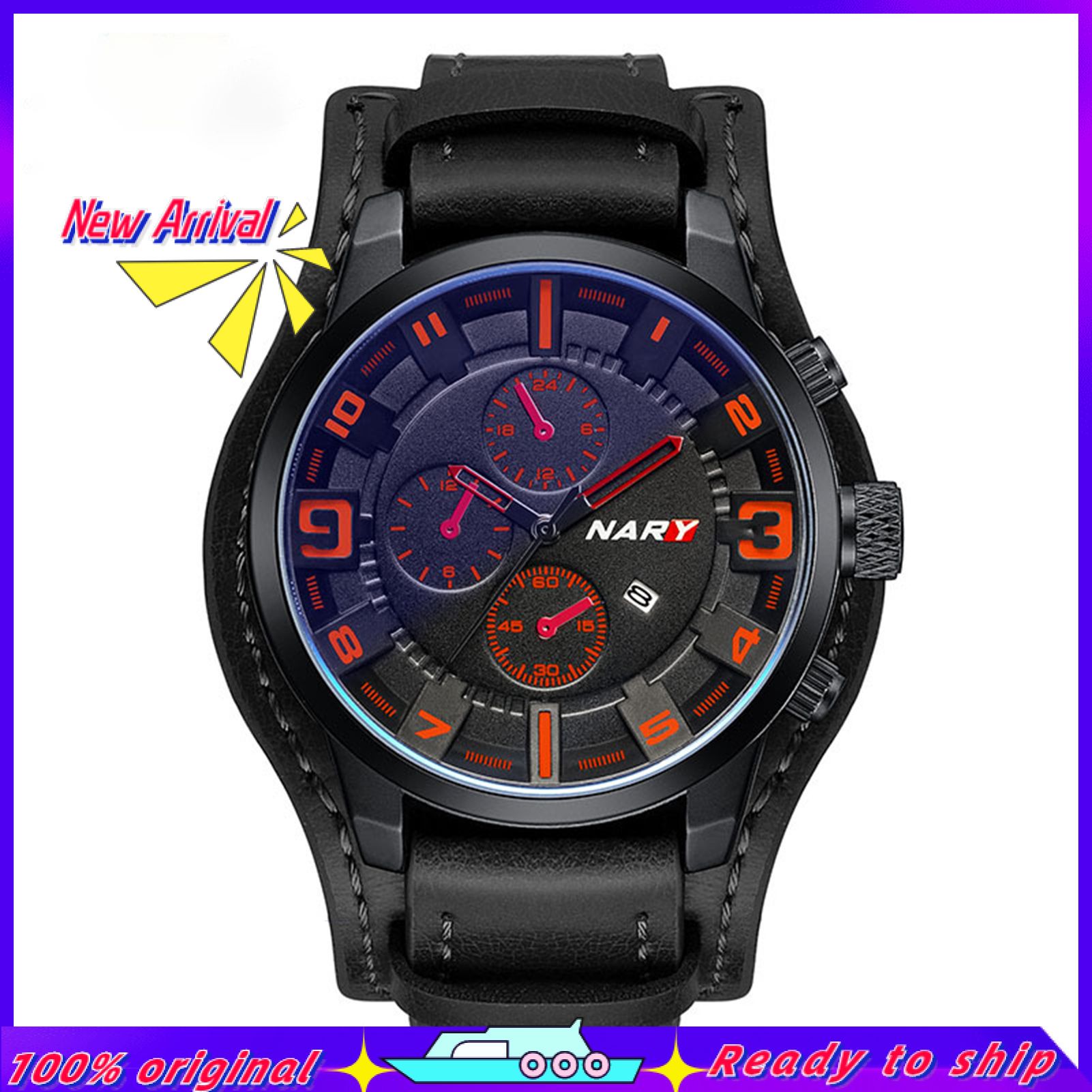 NARY Watch Three Eyes Calendar Men Round Dial Pointer Wristwatch for Dating