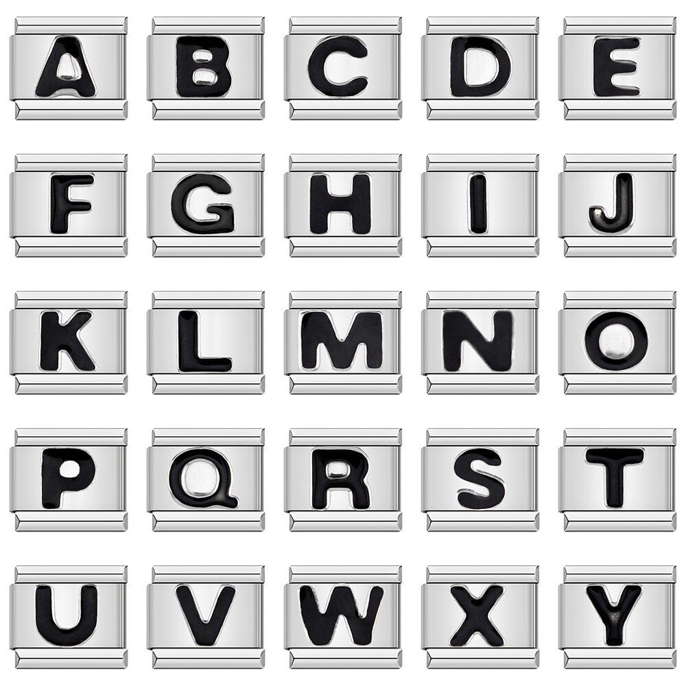 Hapiship Daisy Black 26 Letters A-Z Italian Links Charm Fit 9mm Stainless Steel Bracelet Jewelry DIY Making DJ006